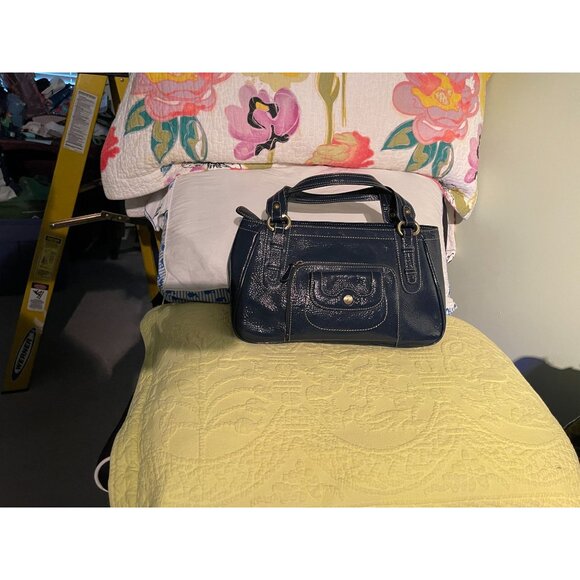 Perlina New York Navy Blue Faux Leather Shoulder Bag With Leopard Print Lining & - Picture 5 of 16